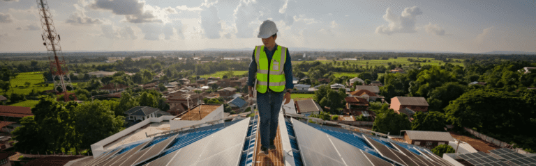 a solar panel installer is on the roof repairing a possible failure, he works in the solar energy industry