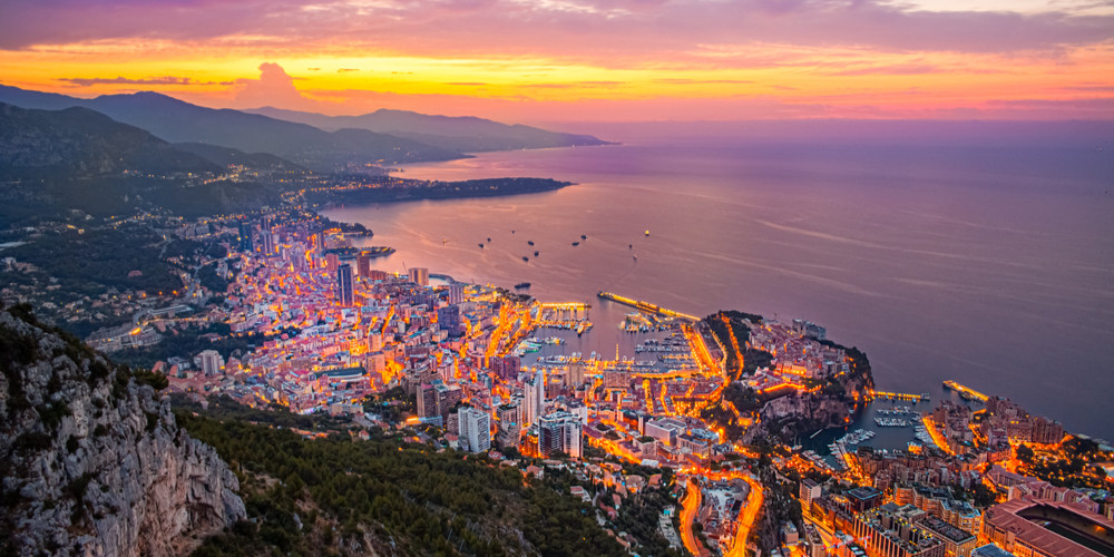 aerial shot of monaco's skyline during the night