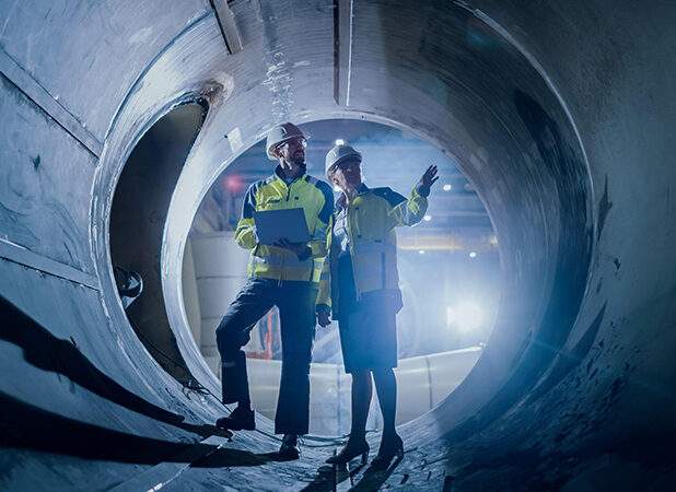 two people in safety gear in a factory