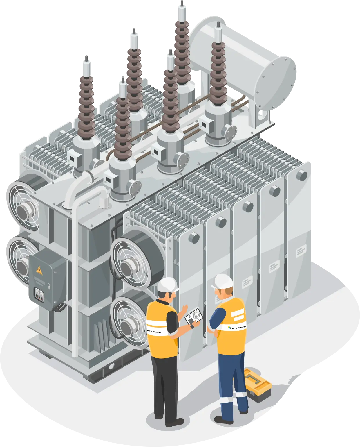 Graphic of nuclear energy tower and two workers in orange safety clothing