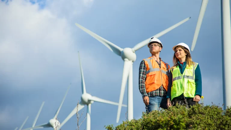 two engineers working a job in renewables. they are at a wind farm brhind solar panels