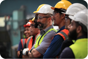 Construction workers in safety gear, emphasizing the hiring of local talent and ensuring regulatory compliance.